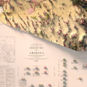 May include: A vintage geologic map of Arizona, printed in 1963. The map shows the different rock formations and geological features of the state. The map is in a cream color with brown, green, and pink accents. The map is titled "Geologic Map of Arizona" and includes a key to the different rock formations.