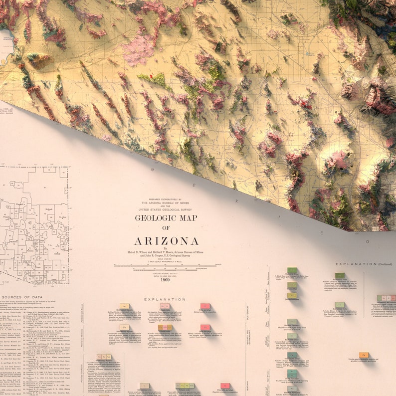 May include: A vintage geologic map of Arizona, printed in 1963. The map shows the different rock formations and geological features of the state. The map is in a cream color with brown, green, and pink accents. The map is titled "Geologic Map of Arizona" and includes a key to the different rock formations.