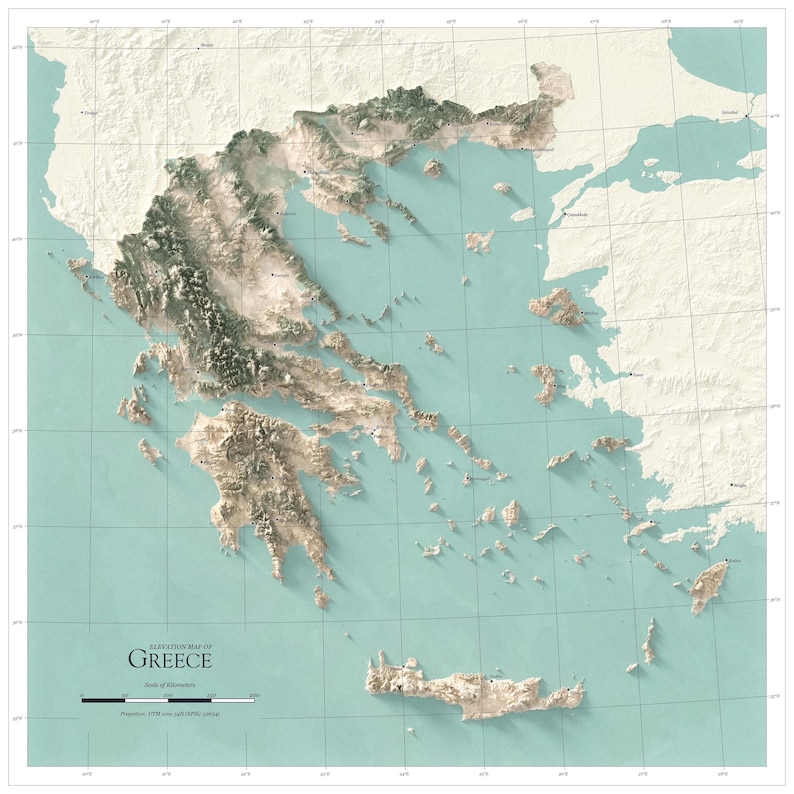 May include: A detailed elevation map of Greece featuring a three-dimensional relief of the mountainous terrain and islands. The map uses a light teal and cream color palette with a grid overlay, including the text Elevation Map of Greece.