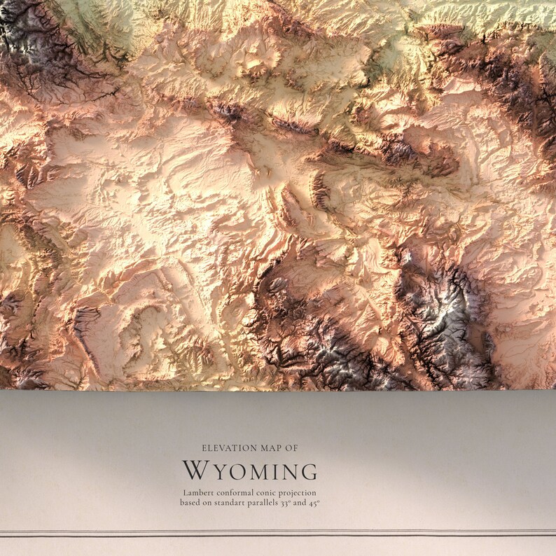 May include: A topographic map of Wyoming, showing the state's elevation in shades of brown, yellow, and white. The map is titled "Elevation Map of Wyoming" and includes the text "Lambert conformal conic projection based on standard parallels 33 and 45".