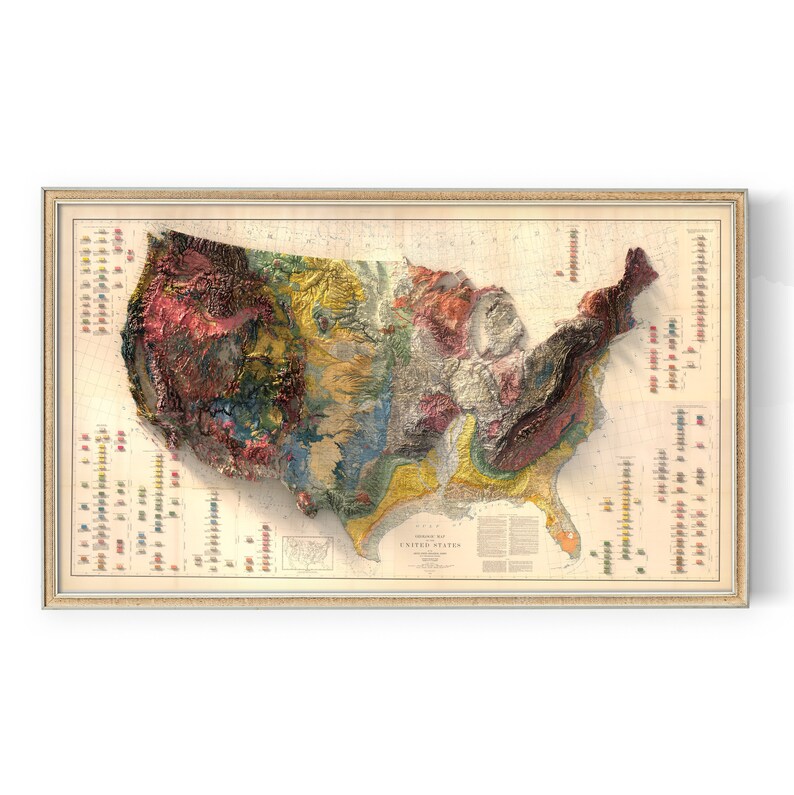 Geologic Map Of The United States Vintage Map Elevation Etsy
