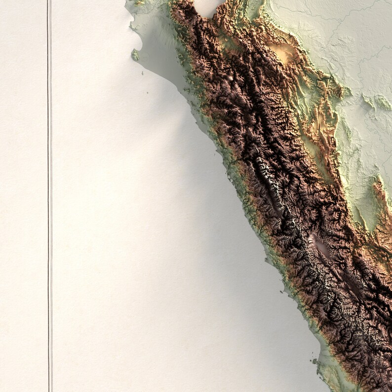 Pode incluir: Um mapa topogr&aacute;fico detalhado de uma regi&atilde;o costeira, mostrando uma longa e estreita faixa de terra com montanhas e vales. O mapa est&aacute; em tons de marrom, verde e branco.