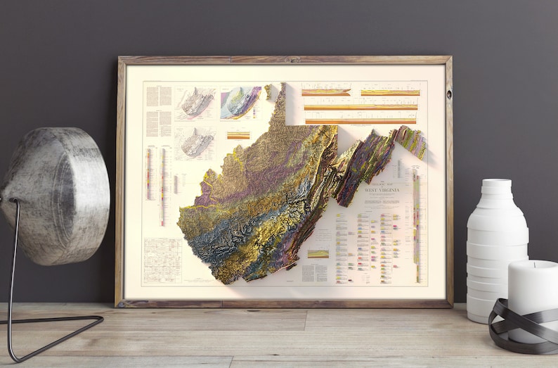 Geologisk karta över West Virginia från 1968: Vintage topografiskt relieftryck bild 4
