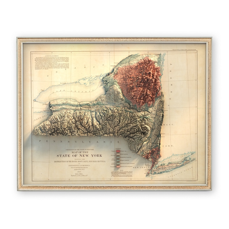 May include: Framed vintage map of New York State, featuring a detailed relief and topographical representation. The map displays a color-coded system for different rock formations and is encased in a gold-toned frame. The map includes the text "Map of the State of New York".
