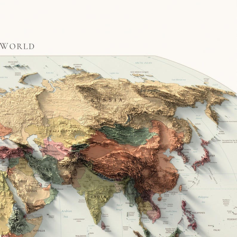 Mapa Político Mundial: Impressão Topográfica de Elevação, Arte de Parede em Relevo, Decoração de Escritório imagem 9