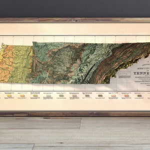 May include: A vintage, framed, topographic map of Tennessee. The map is in a brown frame and shows the state's geological features in various colors.