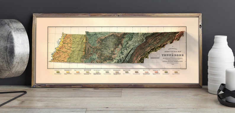 May include: A vintage, framed, topographic map of Tennessee. The map is in a brown frame and shows the state's geological features in various colors.