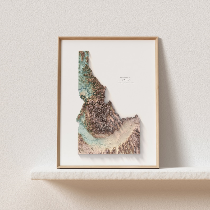 May include: A framed topographic map of Idaho with a 3D effect. The map is printed on white paper and has a brown wooden frame.