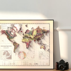 May include: A vintage-style world map poster with a 3D effect showing the geological structure of the Earth. The map is printed on cream-colored paper with brown, red, and green colors. The title of the map is "The Geological Structure of the Globe" and the map is dated 1850.