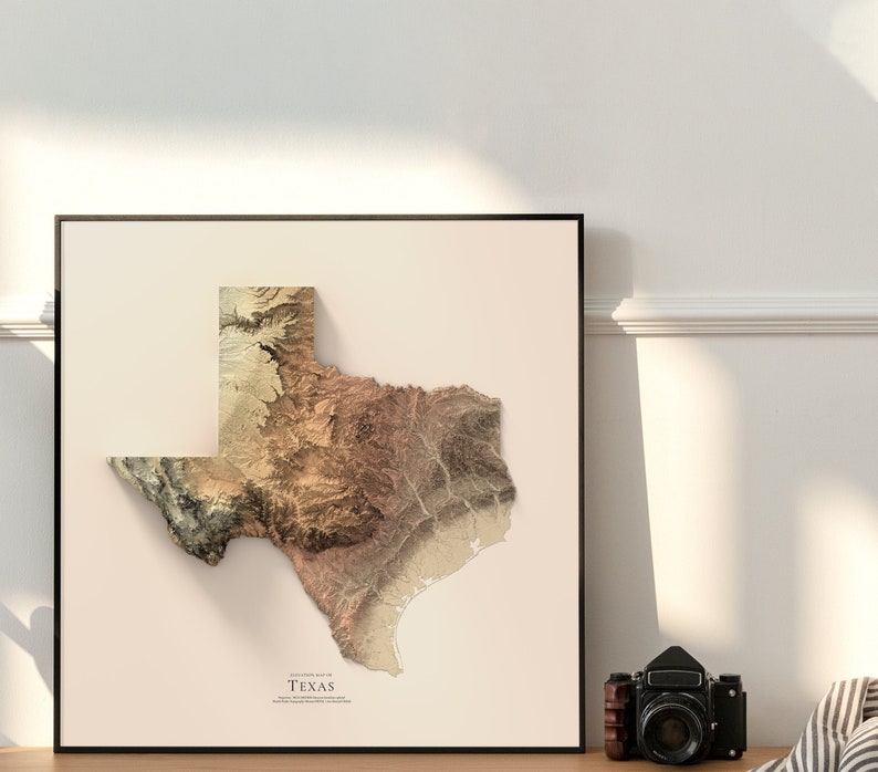 May include: A framed print of a topographic map of Texas. The map is in shades of brown, beige, and green, with a white background. The text "The State of Texas" is printed below the map.