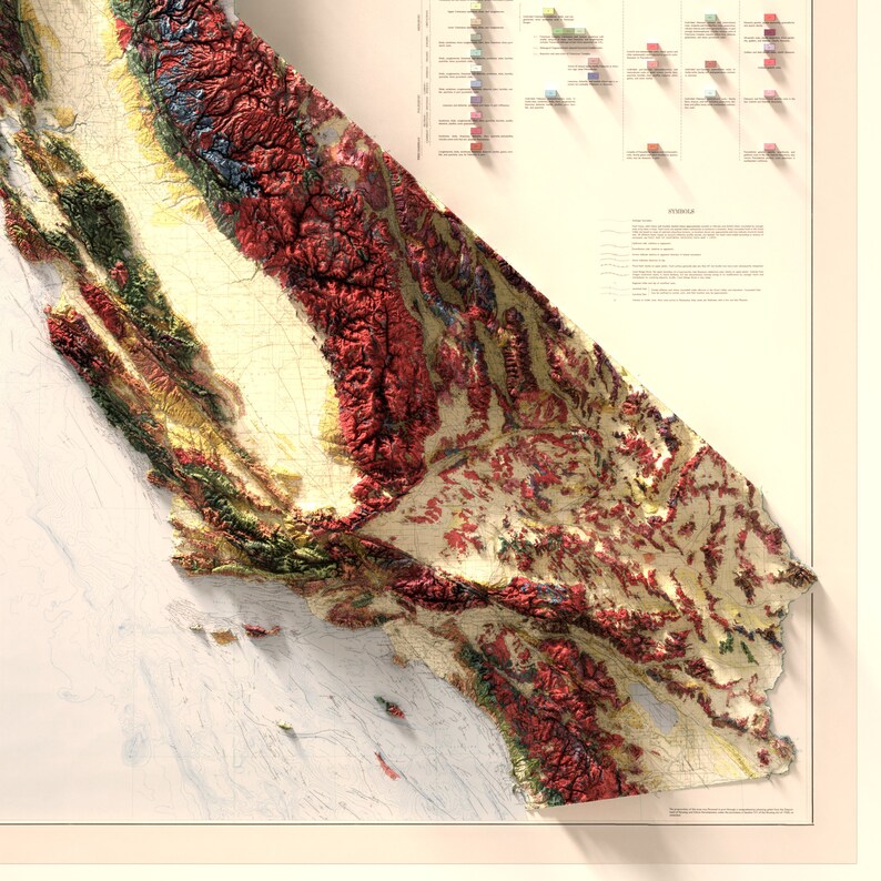 May include: A detailed, three-dimensional map of California, highlighting the state's topography with vibrant colours. Mountain ranges are shown in red and brown, valleys in beige, and coastal areas in blue. Additional charts and legends are included.