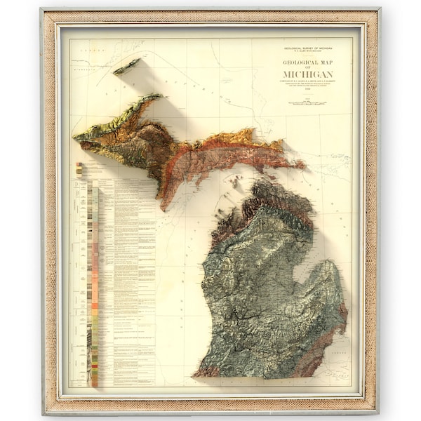Michigan Geological Map - Vintage Home Decor - Wall Art- Topography - Elevation - Giclée Print on Fine Art Paper - Unique Gift - 3D Effect