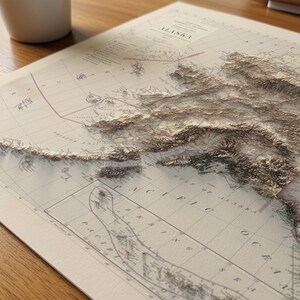 May include: A detailed, three-dimensional map of Alaska, featuring raised relief to depict the state's mountainous terrain. The map is printed on a cream-colored paper, with the state's name and other geographical details visible.