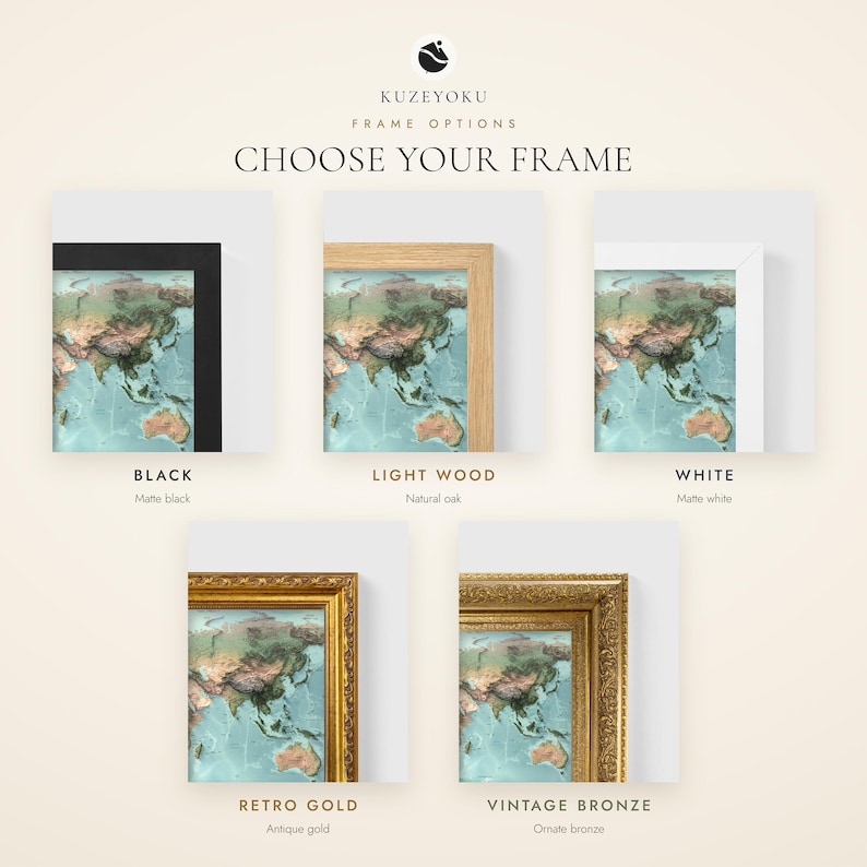 May include: A product display showing five frame options for a world map print, labeled Kuzeyoku Frame Options. The choices include matte black, natural oak light wood, matte white, antique gold retro gold, and ornate bronze vintage bronze frames.