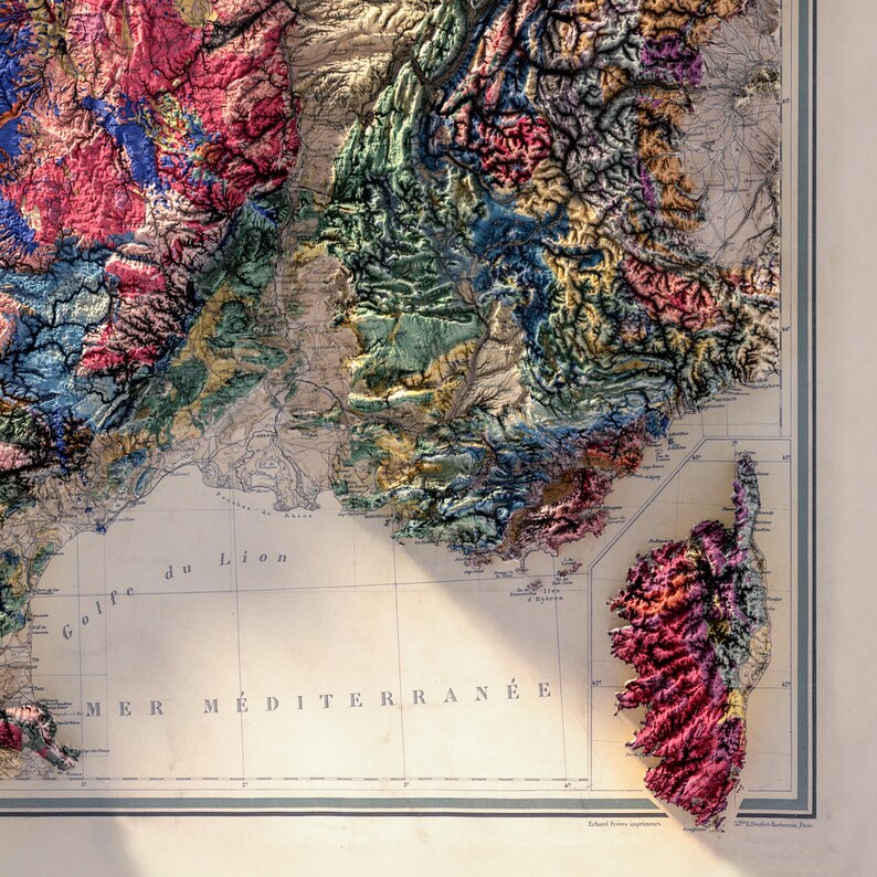 Geological Map of France: Topographic Elevation Art Print image 8