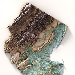 May include: A 3D relief map of a region with a coastline, showing various shades of brown, green, and blue.
