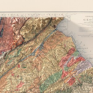 May include: A vintage map of the geological formations of the Georgia region of the United States. The map is color-coded to show different geological formations. The map includes the names of counties and cities in the region. The map is titled "Geological Map of Georgia Region of the United States".