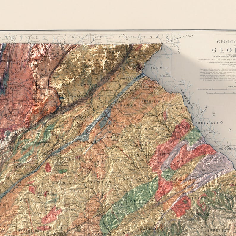 May include: A vintage map of the geological formations of the Georgia region of the United States. The map is color-coded to show different geological formations. The map includes the names of counties and cities in the region. The map is titled "Geological Map of Georgia Region of the United States".