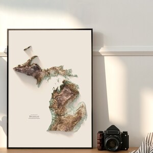 May include: A framed topographic map of Michigan with a beige background and a black frame. The map is a 3D relief map with brown, green, and white colors.