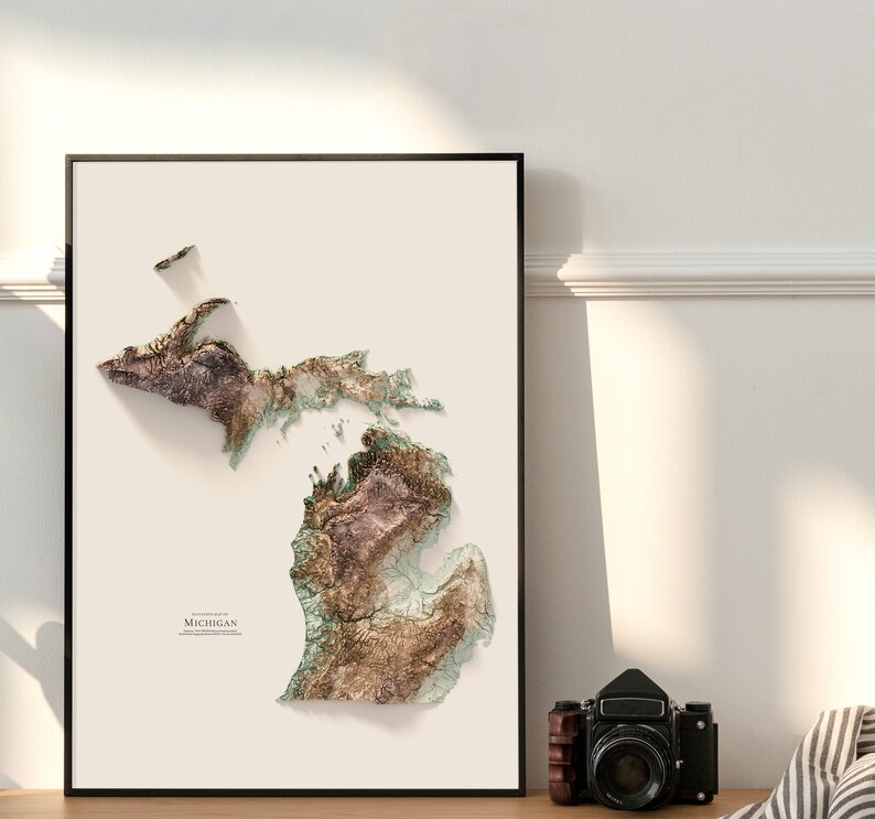 May include: A framed topographic map of Michigan with a beige background and a black frame. The map is a 3D relief map with brown, green, and white colors.