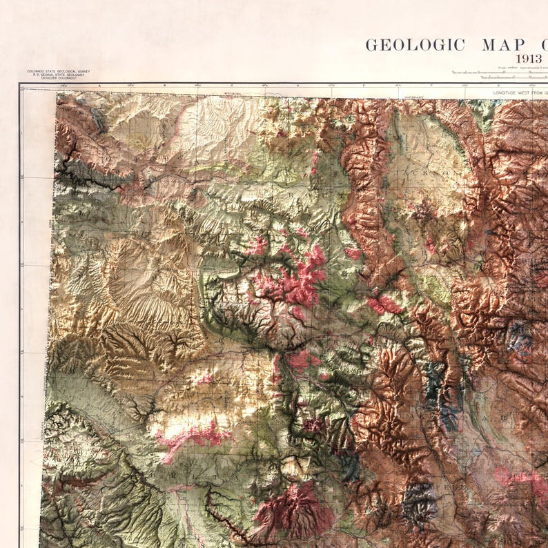 May include: A vintage geologic map from 1913, featuring a detailed relief of a mountainous region. The map uses a palette of earthy tones, including browns, greens, and pinks, to depict the terrain. The title "GEOLOGIC MAP" is visible at the top.