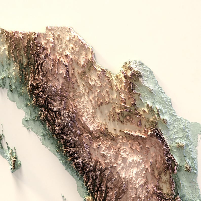 May include: A detailed, three-dimensional relief map of a landmass, showcasing varying elevations with a gradient of colors. The map features shades of brown, tan, and green, suggesting mountainous regions and coastal areas. The background is a soft, off-white color.