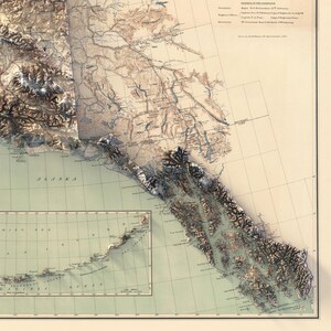 Artistic close-up of a 3D Alaska-British Columbia border map, featuring the Malespina Glacier’s crevassed textures, coastal fjords, and transitional forests into Canada. This vintage-inspired wall art blends elevation data with hand-drawn details, capturing the Inside Passage’s waterways and mountain shadows. Printed on thick 300 GSM paper, it’s a unique gift for Pacific Northwest adventurers or as dramatic home office decor.