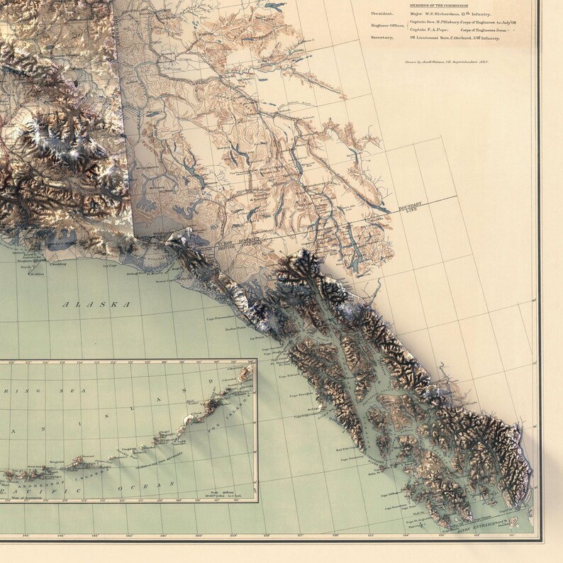 Artistic close-up of a 3D Alaska-British Columbia border map, featuring the Malespina Glacier’s crevassed textures, coastal fjords, and transitional forests into Canada. This vintage-inspired wall art blends elevation data with hand-drawn details, capturing the Inside Passage’s waterways and mountain shadows. Printed on thick 300 GSM paper, it’s a unique gift for Pacific Northwest adventurers or as dramatic home office decor.