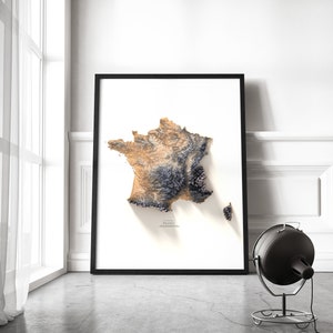 Mapa topográfico de Francia con colores: Arte mural geográfico moderno con alzado. imagen 2