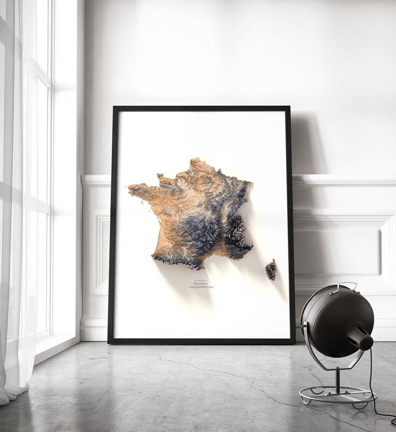 Mapa topográfico de Francia con colores: Arte mural geográfico moderno con alzado. imagen 2
