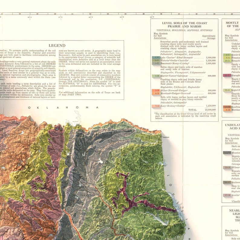 May include: A detailed map of the coast, prairie, and marsh regions of the United States. The map is color-coded to show different soil types and includes a legend explaining the soil types and their characteristics.