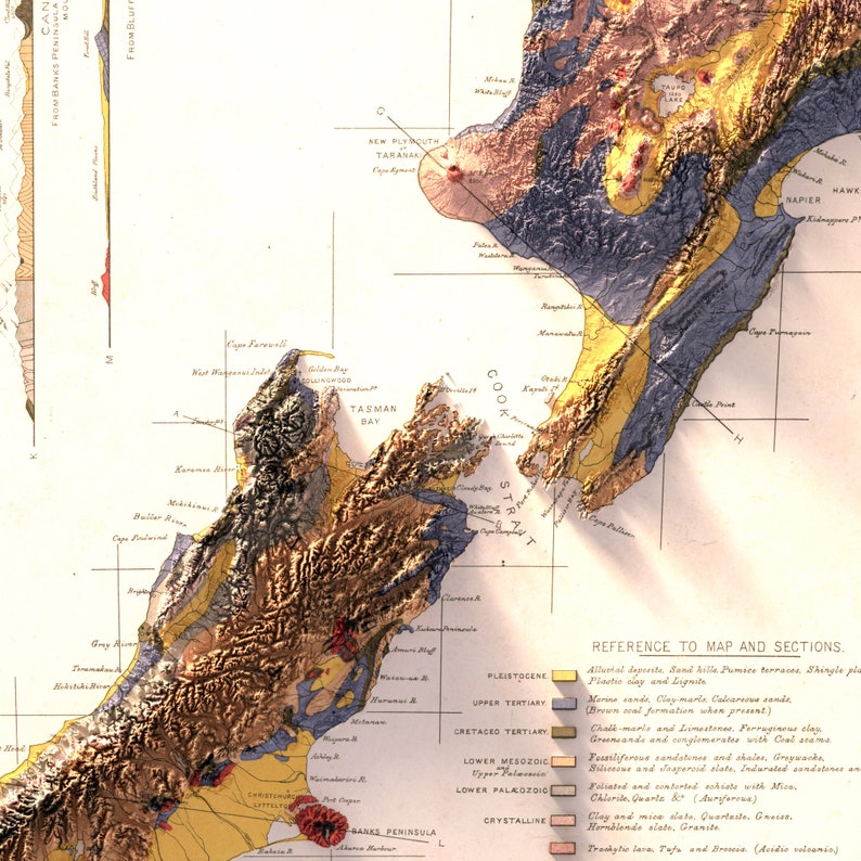 May include: A geological map of New Zealand, showing the different rock formations and their ages. The map is color-coded, with different colors representing different geological periods. The map also includes the names of various geographical features, such as mountains, rivers, and bays.