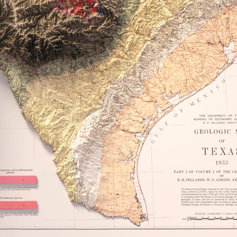 Vintage Texas Geological Map 1933: Relief & Elevation Wall Art, Map Poster Print image 8
