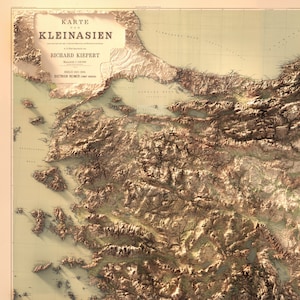 May include: A vintage map of Asia Minor, also known as Anatolia, with the title "KARTE VON KLEINASIEN" and the name "RICHARD KIEPERT" in the upper left corner. The map is in shades of brown and beige, with detailed topography and geographic features.