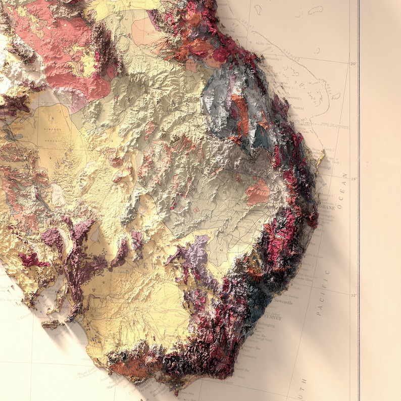 May include: A detailed map of a region with various colors and textures representing different geological formations. The map is printed on a cream-colored paper with a grid pattern.