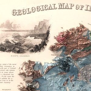 May include: A vintage geological map of Ireland featuring a detailed illustration of the Giant's Causeway. The map depicts various geological formations in different colours, including brown, pink, blue, and green. The map is titled "Geological Map of Ireland" and includes the text "Giant's Causeway".