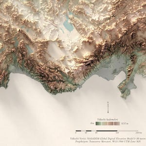 May include: A topographic map of a region with a coastline, mountains, and valleys. The map uses a color gradient to show elevation, with green representing lower elevations and brown representing higher elevations. The map also includes a scale bar and a north arrow.