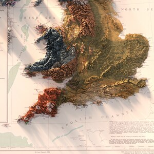 May include: A detailed relief map of Great Britain and Ireland, showing the topography of the islands. The map is printed on a cream-colored background with brown, green, and blue hues. The map includes the text "English Channel" and "North Sea".