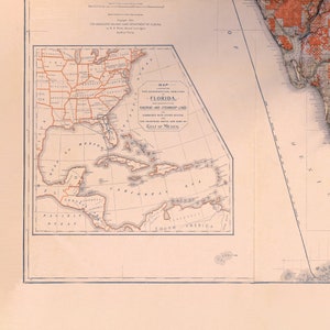 May include: A vintage map of Florida, showing the geographical position of the state, railroad and steamship lines, and its commerce with other states. The map also shows the countries south and east of the Gulf of Mexico.