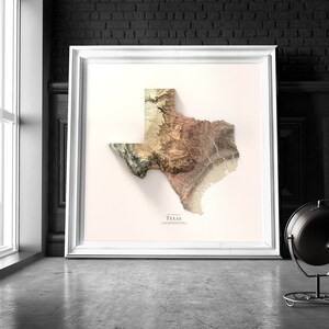 May include: A framed print of a topographic map of Texas. The map is in shades of brown, beige, and green, with a white background. The word "Texas" is printed in black at the bottom of the map.