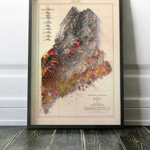 Geologische kaart Maine - wanddecoratie - topografie - hoogte - kunstafdruk - uniek cadeau