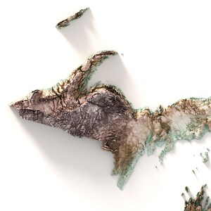 May include: A 3D relief map of the Upper Peninsula of Michigan, showing the terrain in shades of brown, green, and white.