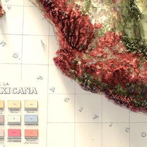 May include: A vintage geological map of Mexico, showing the different geological formations in various colors. The map is titled "Geologica de la Republica Mexicana" and has a scale of 1:6,500,000.