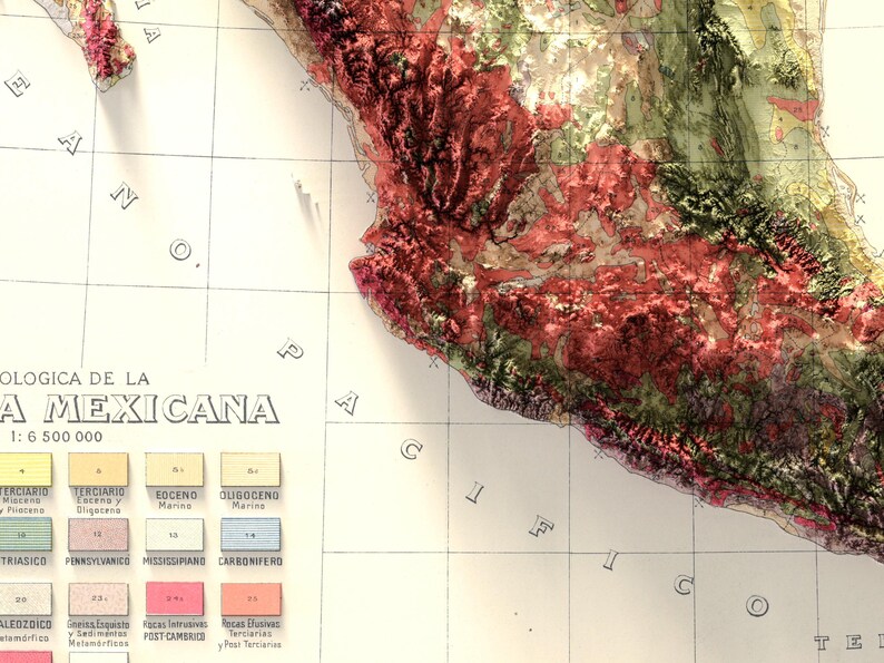 May include: A vintage geological map of Mexico, showing the different geological formations in various colors. The map is titled "Geologica de la Republica Mexicana" and has a scale of 1:6,500,000.