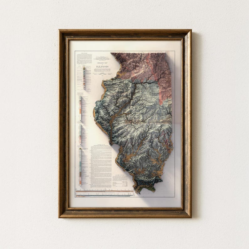 Illinois Vintage Relief Map: 1917 Geological Map Print, Wall Art Decor image 1