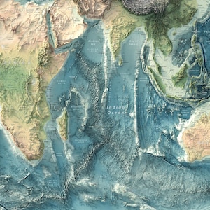 May include: A detailed physical map of the Indian Ocean region, showcasing the bathymetry of the ocean floor in shades of blue and the surrounding continents of Africa, Asia, and Australia in earthy tones of green, tan, and brown.