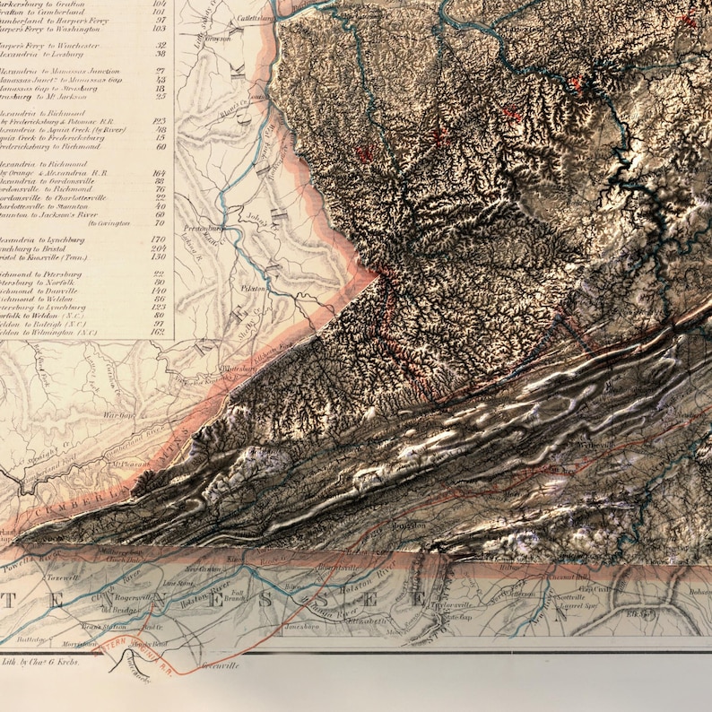 May include: Antique map with detailed topographical features, including mountains, rivers, and roads. The map uses a sepia-toned color palette with red and blue accents. Text labels indicate locations and distances. The map is a historical document.