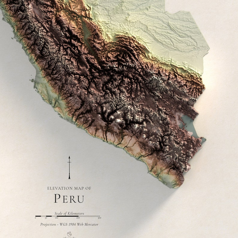 Pode incluir: Um mapa topogr&aacute;fico do Peru, mostrando a eleva&ccedil;&atilde;o do pa&iacute;s em tons de marrom, verde e branco. O mapa &eacute; rotulado como "Mapa de eleva&ccedil;&atilde;o do Peru" e inclui uma barra de escala em quil&ocirc;metros. A proje&ccedil;&atilde;o &eacute; WGS 1984 Web Mercator.