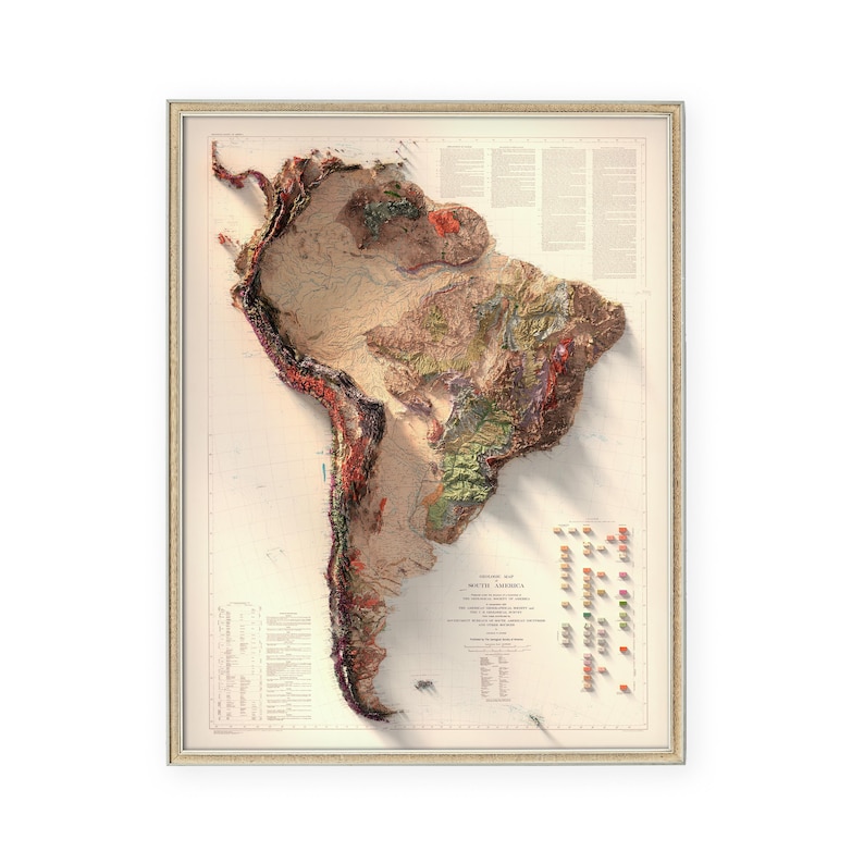 Geologische Karte Südamerikas (1950): Historischer Reliefdruck, Wanddekoration im Antikstil, topografische Kunst Bild 1