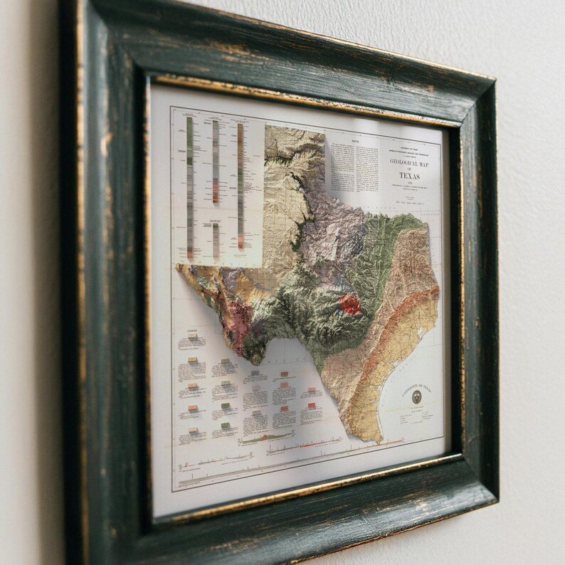 1916 Texas Geological Map Print, Shaded Relief Wall Art, Antique Style Decor image 6
